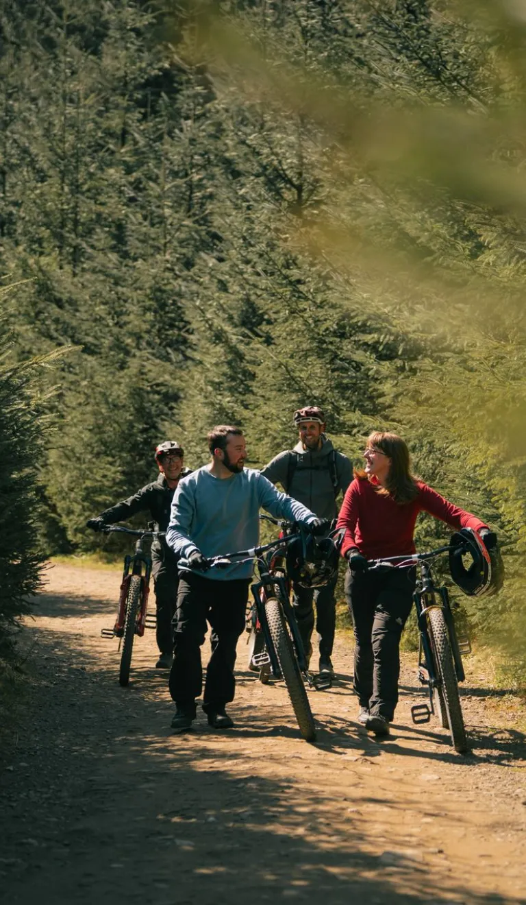Four cyclists walking their bikes in a forest.